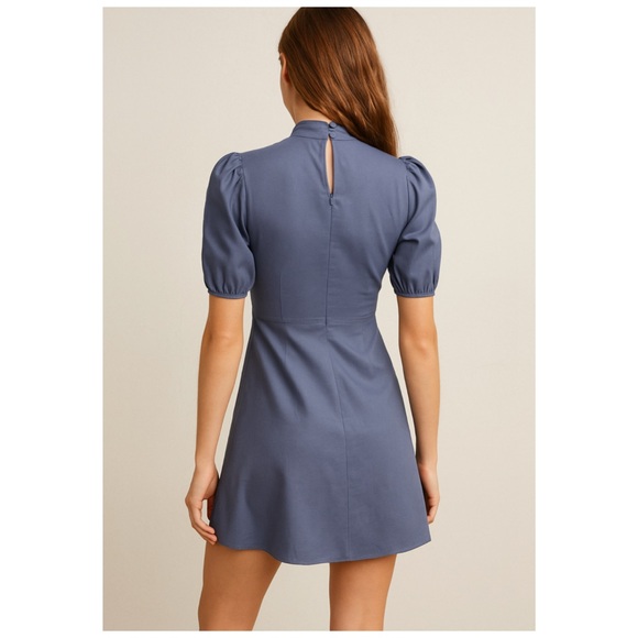Reformation Bradley Mock Neck Puff Sleeve Mini Dress Blue Morning Glory 12 NWT - Picture 4 of 12